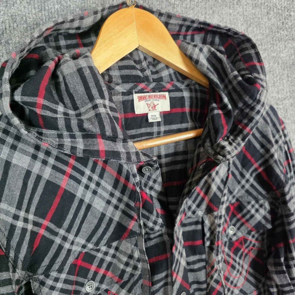 True Religion Shirt Mens SZ M Plaid Hooded Button Up Y2K Grunge SkaterLogo